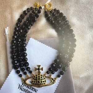 Vivienne Westwood Black Bead Necklace with Gold Orb